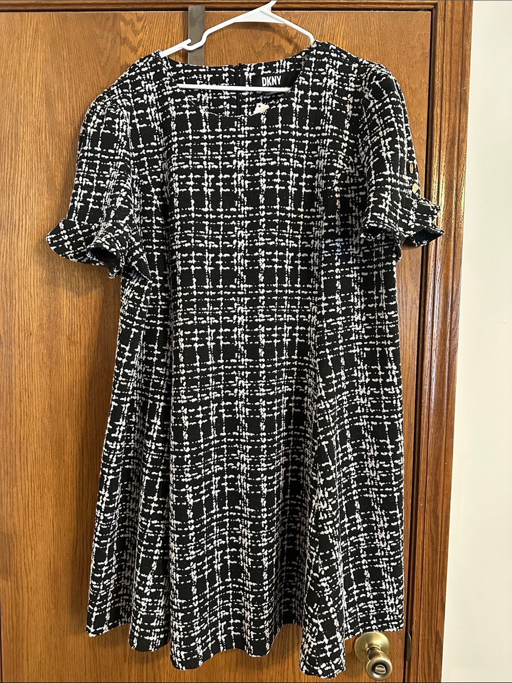 DKNY Black and White Tweed-Style Midi Dress with Ruffle Sleeves